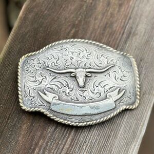 Nocona Silver Tone Western Belt Buckle Longhorn Design Western Banner Theme